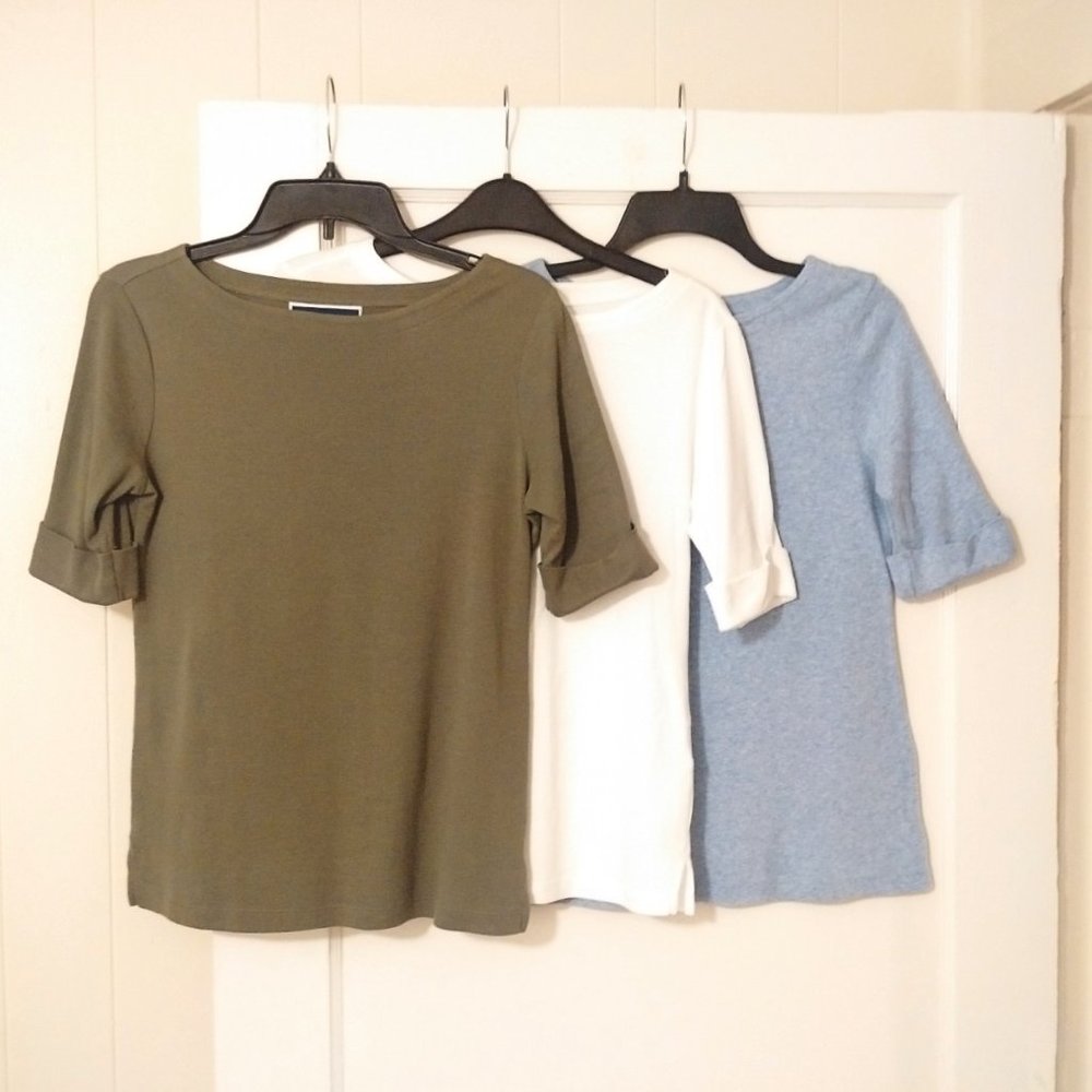 3 Karen Scott Cuffed Elbow Sleeve Cotton Boat Neck Petite Small Tops